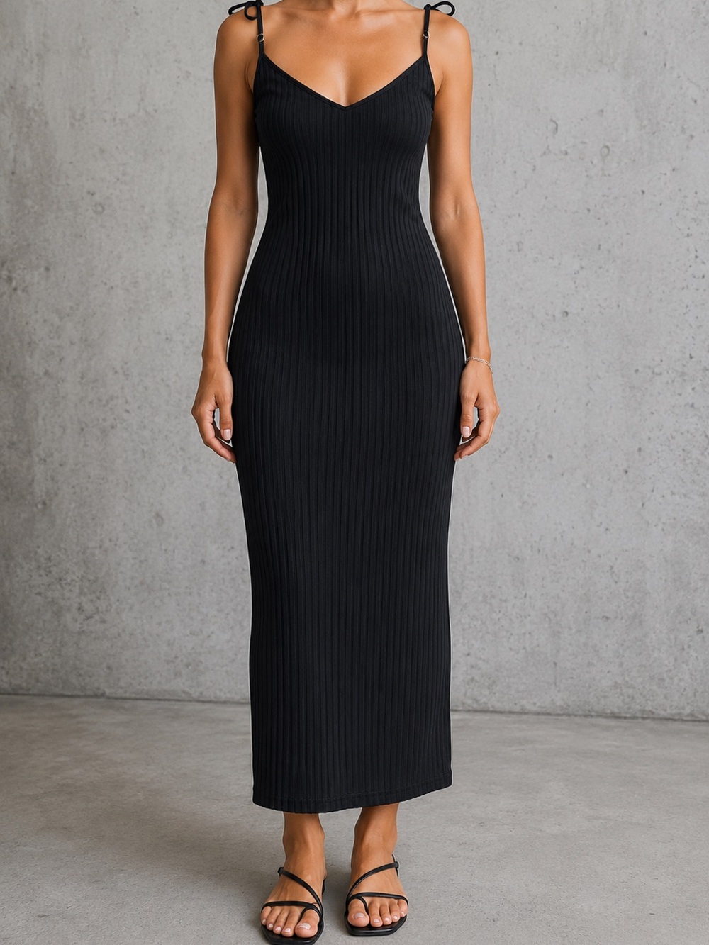 Black Ribbed Midi Slip Dress with Tie Straps